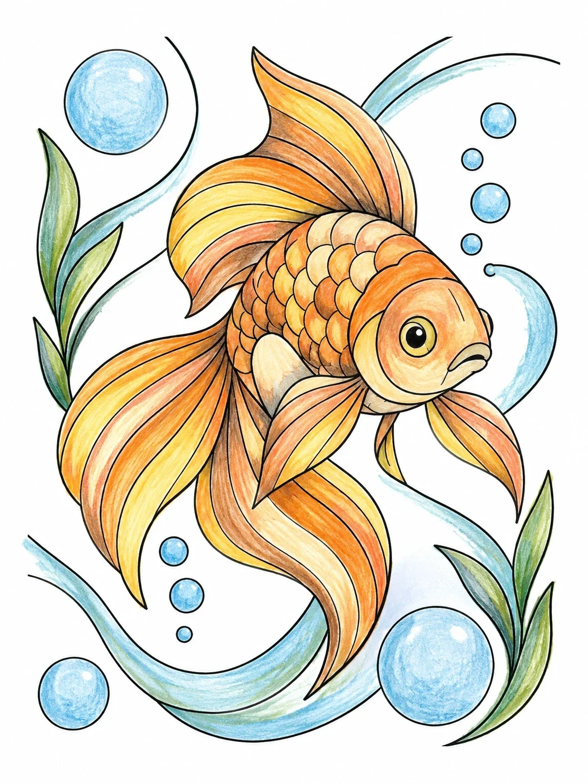 Colored example of the Swimming Goldfish With Flowing Fins coloring page