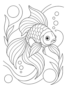 A detailed goldfish coloring page with flowing fins swimming among aquatic plants and bubbles.