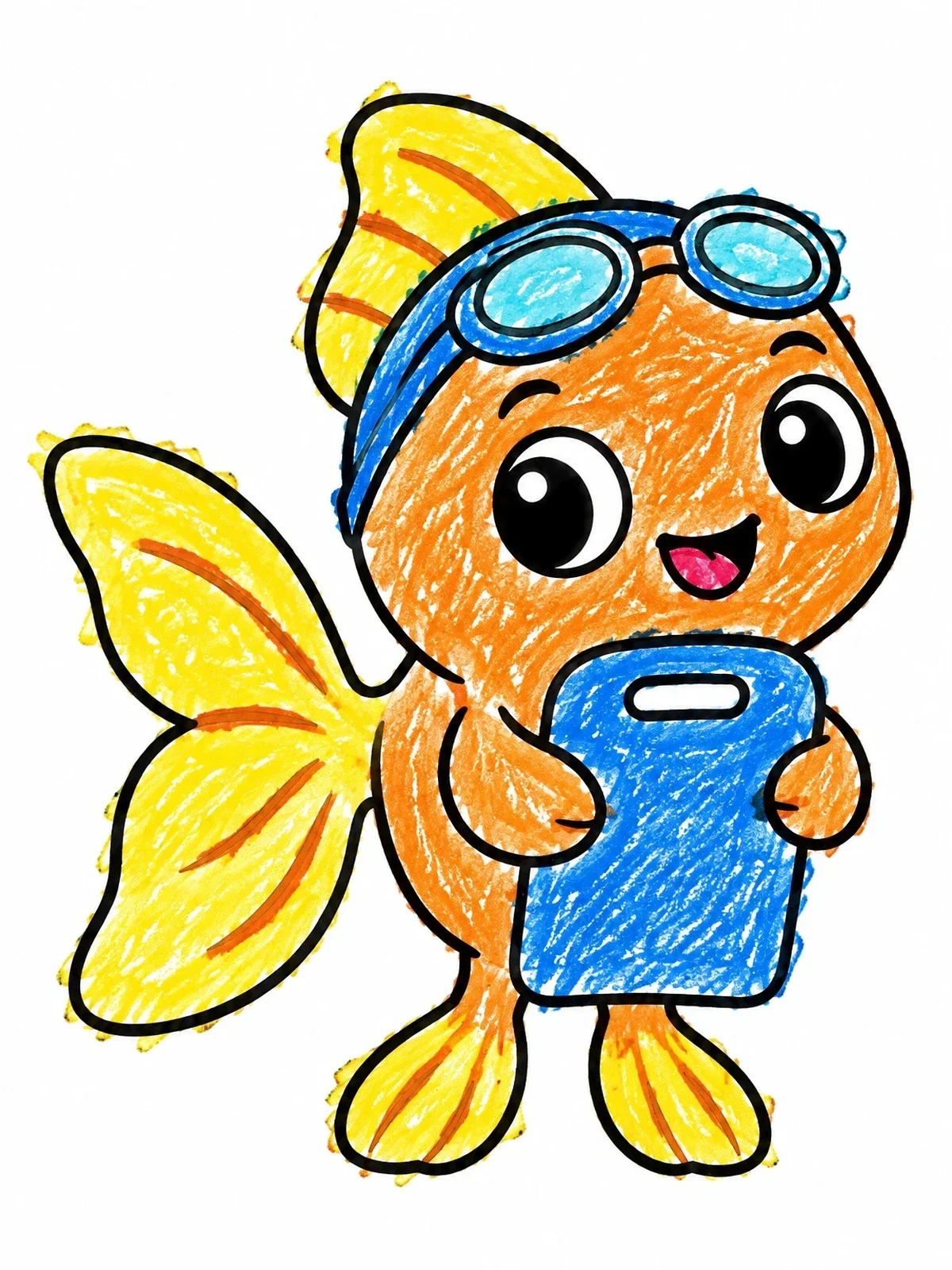 Colored example of the Cute Swimming Goldfish With Kickboard coloring page