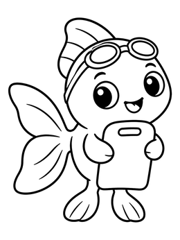 A goldfish coloring page featuring a cartoon fish with goggles holding a small kickboard.