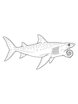 Side view on a detailed helicoprion coloring page with open jaws and spiral teeth.