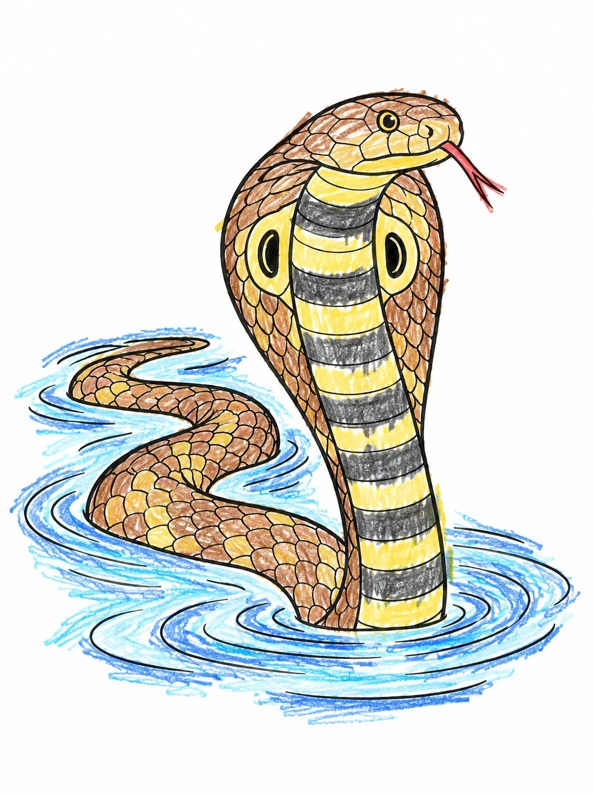 Colored example of the Swimming King Cobra Line Art coloring page