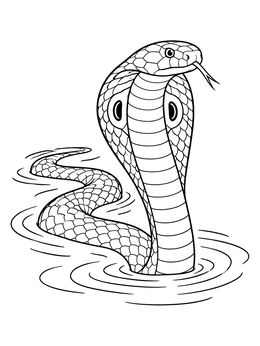 A detailed king cobra coloring page showing a cobra gliding through rippling water.