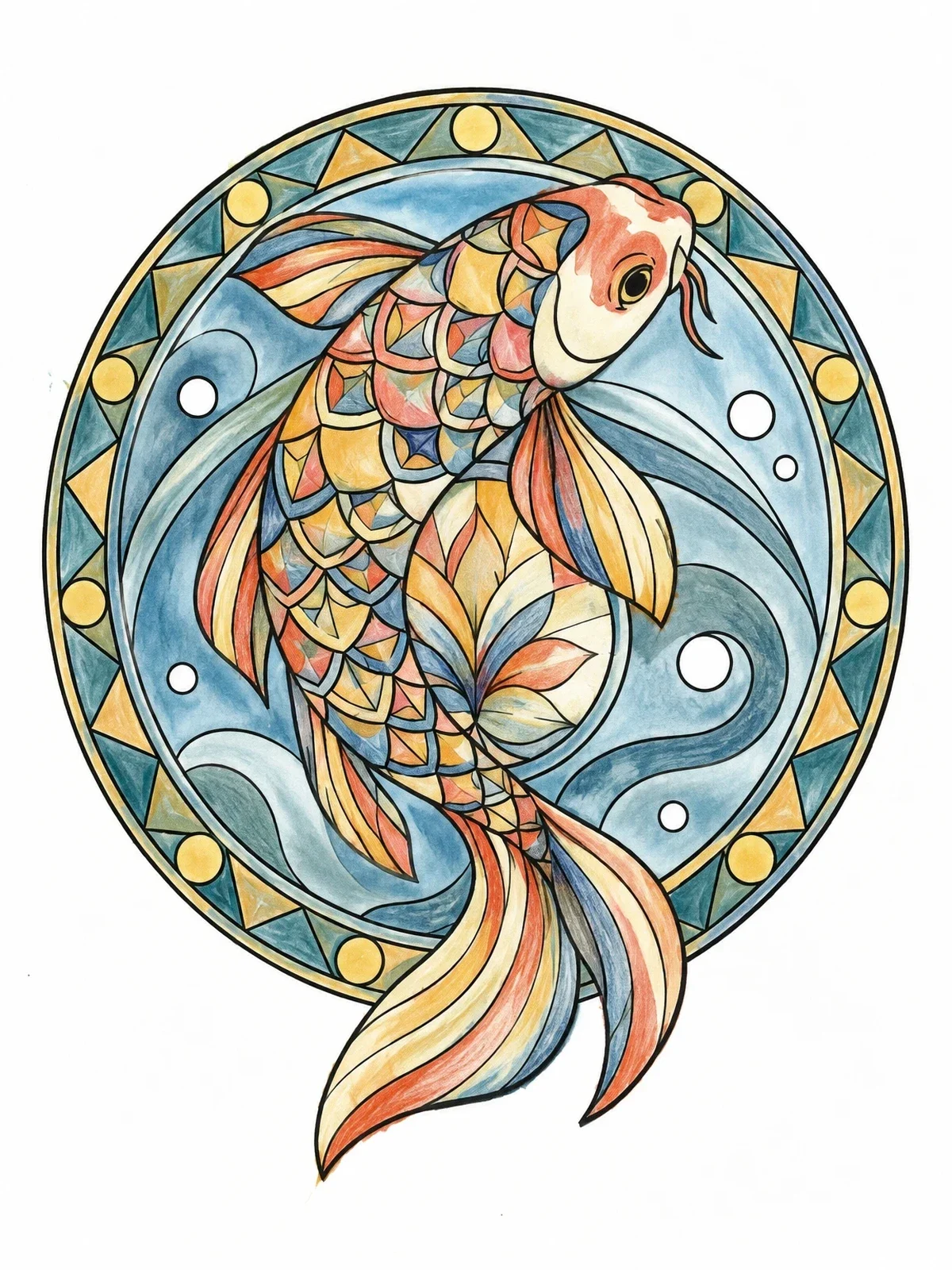 Colored example of the Swimming Koi Fish Mandala coloring page