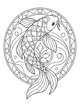 A graceful koi fish coloring page framed by a decorative circular mandala pattern.