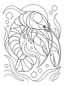 A detailed lobster coloring page showing the crustacean swimming among seaweed and bubbles.