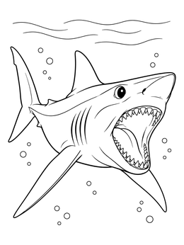 An energetic mako shark coloring page showing sharp teeth and rising bubbles underwater.