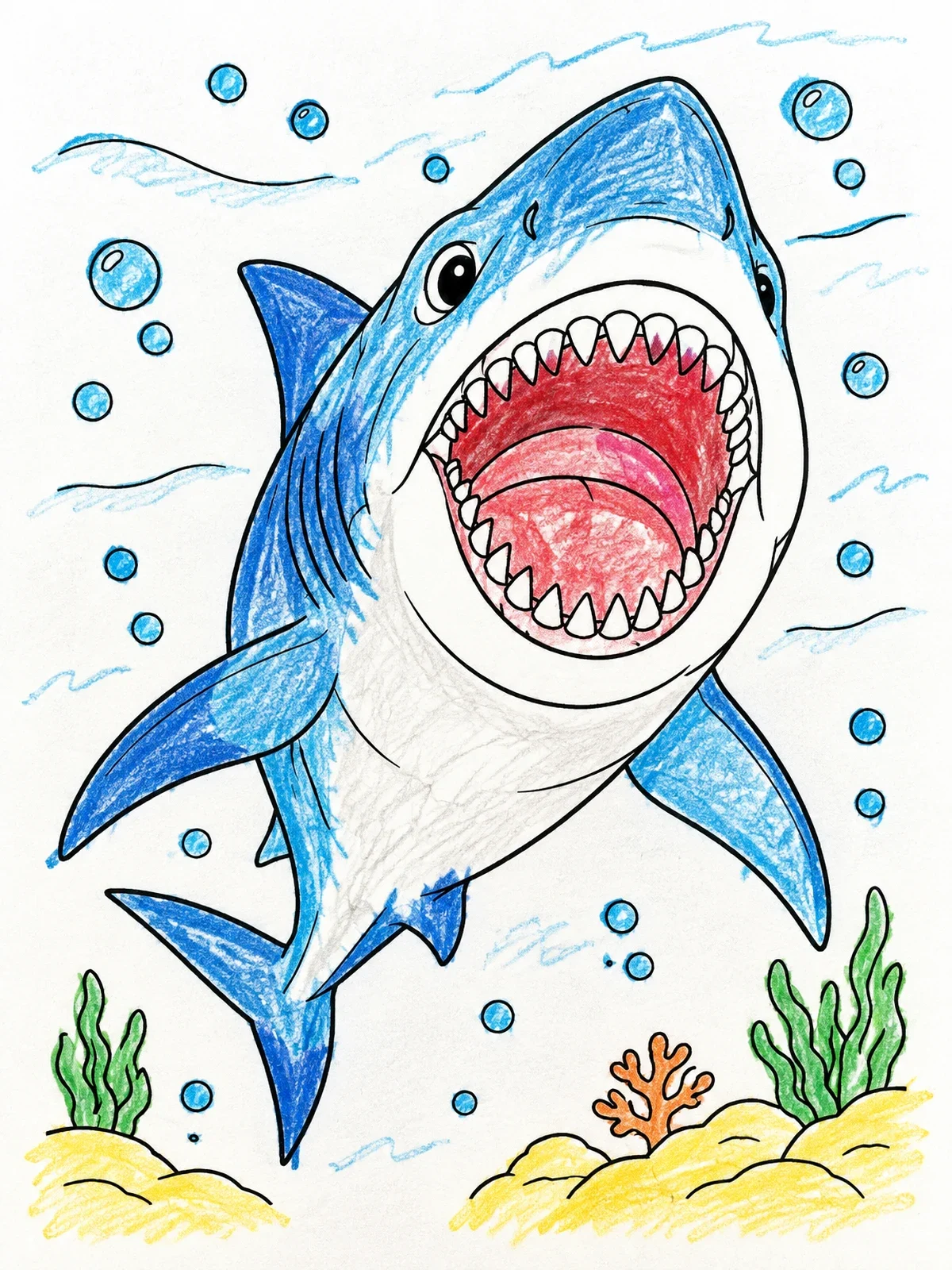 Colored example of the Swimming Megalodon With Open Jaws coloring page