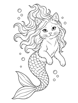 A graceful mermaid cat coloring page featuring flowing hair and bubbles.