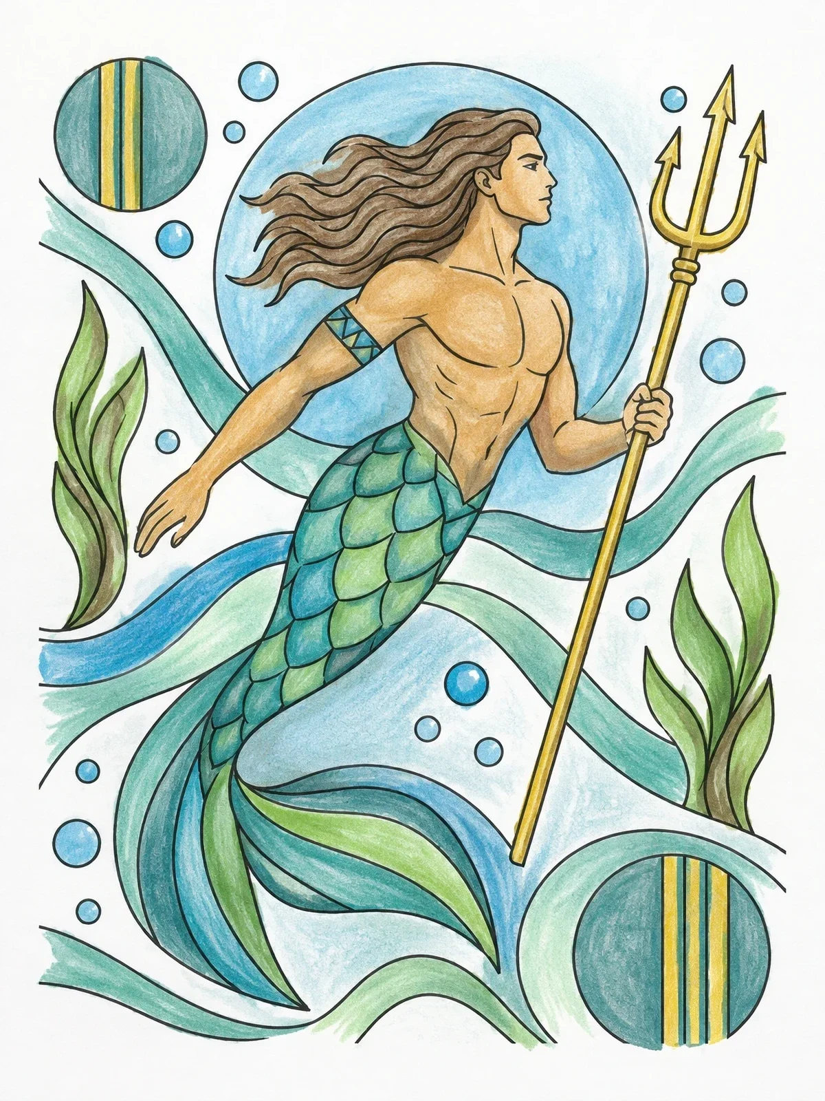 Colored example of the Swimming Merman With Trident coloring page