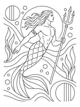 A merman coloring page featuring an underwater warrior holding a trident.
