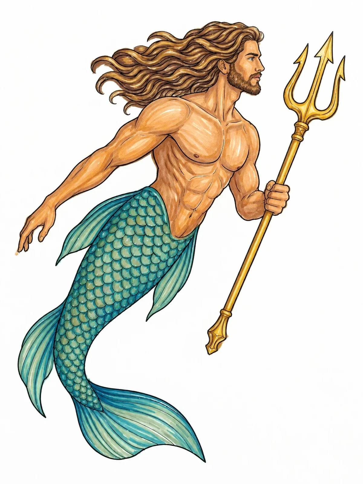 Colored example of the Swimming Merman With Trident coloring page