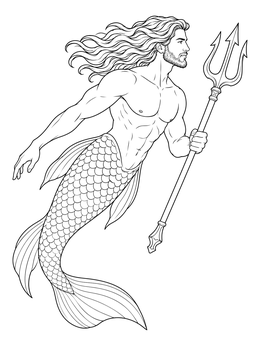 Strong merman coloring page holding a trident while swimming gracefully.
