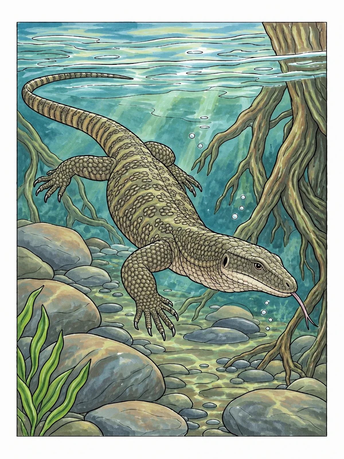 Colored example of the Swimming Monitor Lizard Underwater coloring page