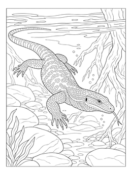 A detailed monitor lizard coloring page showing the reptile swimming past tree roots and river pebbles.