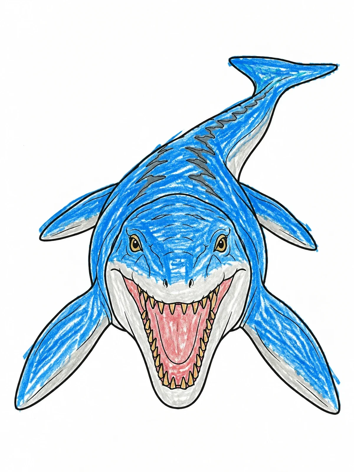 Colored example of the Swimming Mosasaurus Front View coloring page