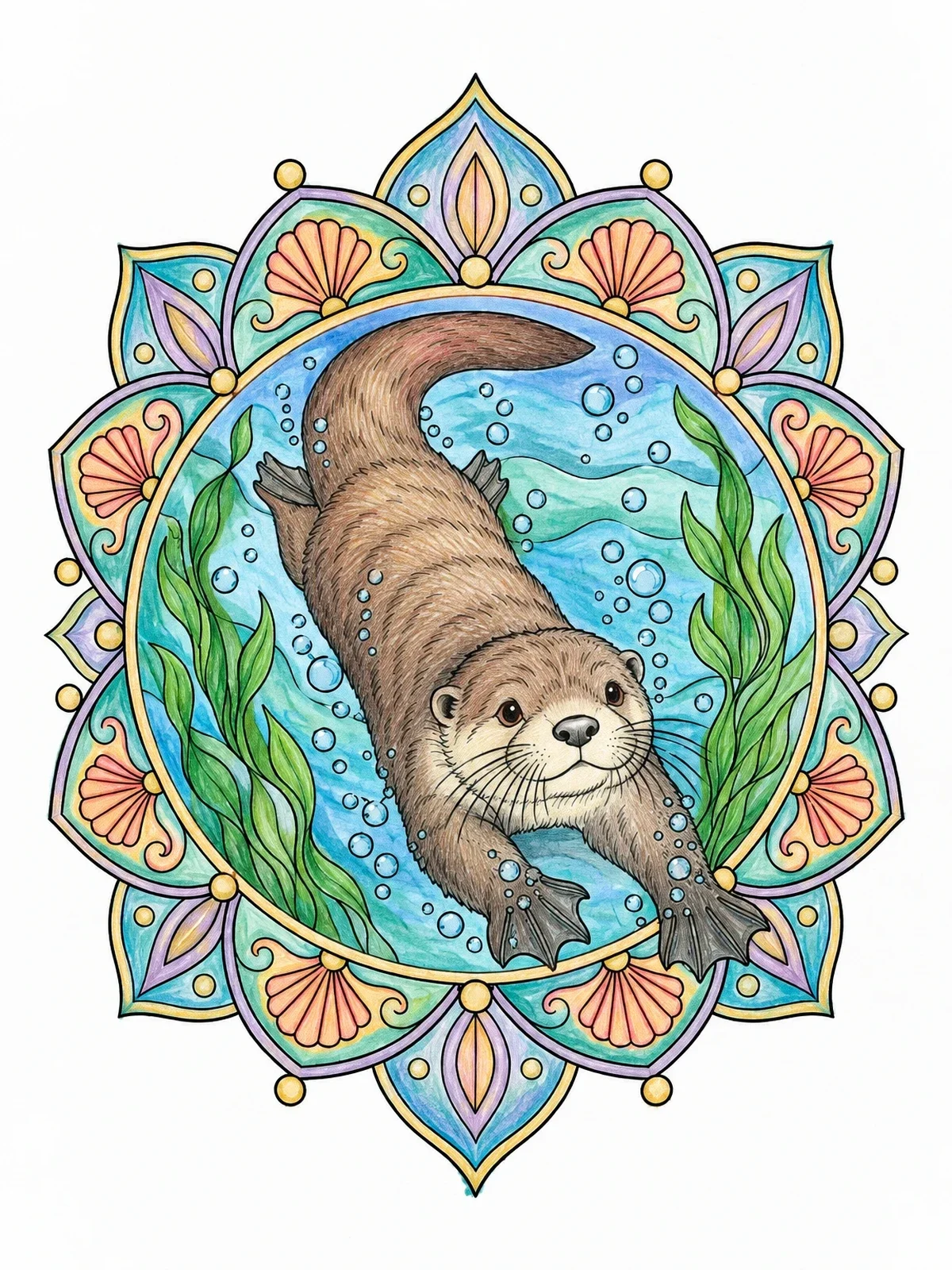 Colored example of the Swimming Otter Mandala Art coloring page