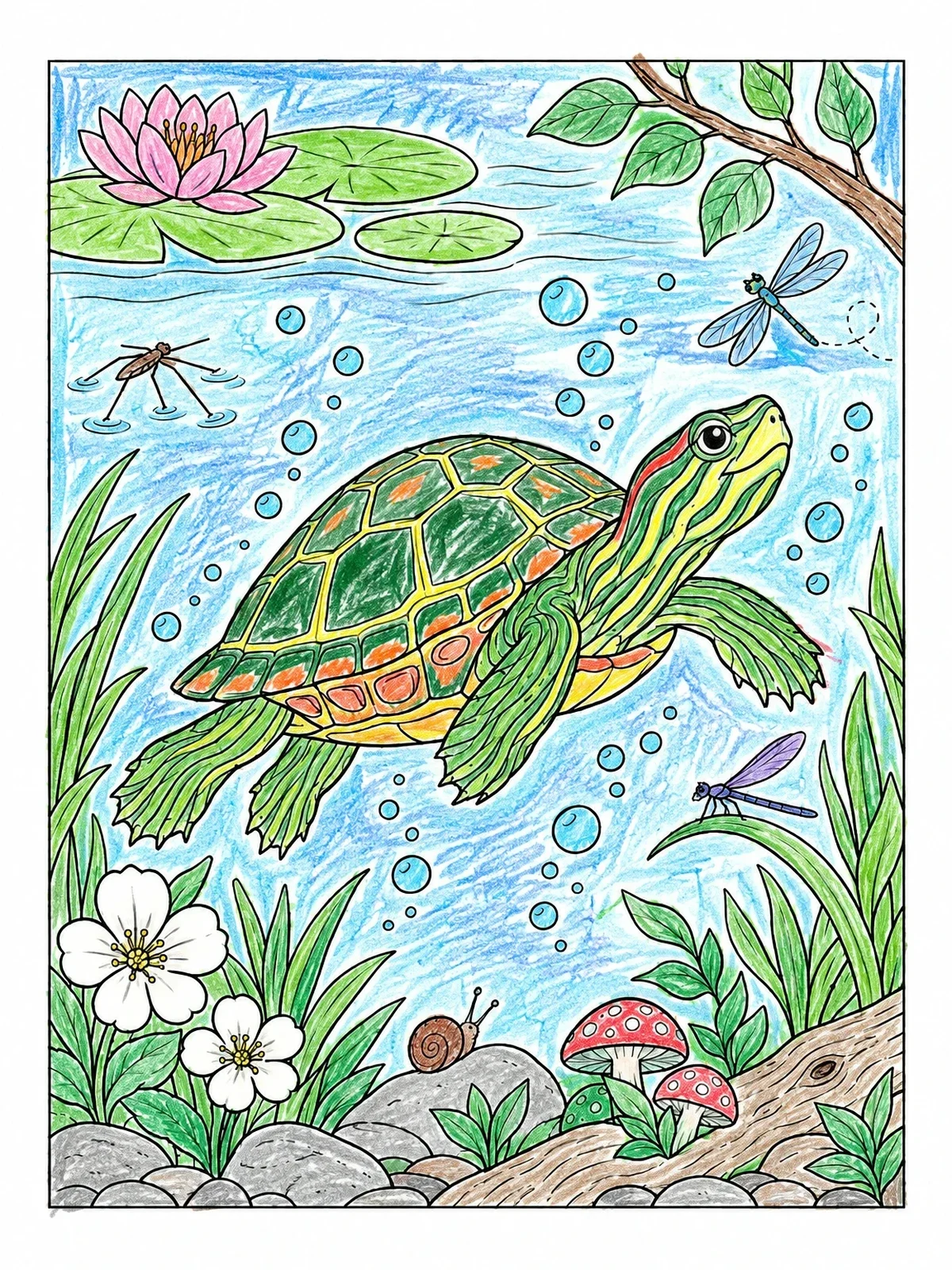 Colored example of the Swimming Painted Turtle In Pond coloring page
