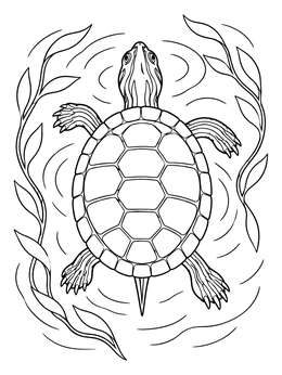 Top-down view of a painted turtle coloring page swimming among ripples and pond plants.