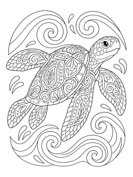 A detailed sea turtle coloring page surrounded by swirling ocean waves.