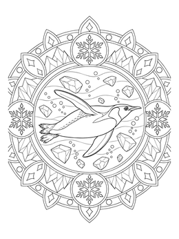 A detailed penguin coloring page framed inside an ornate mandala with ice crystals.