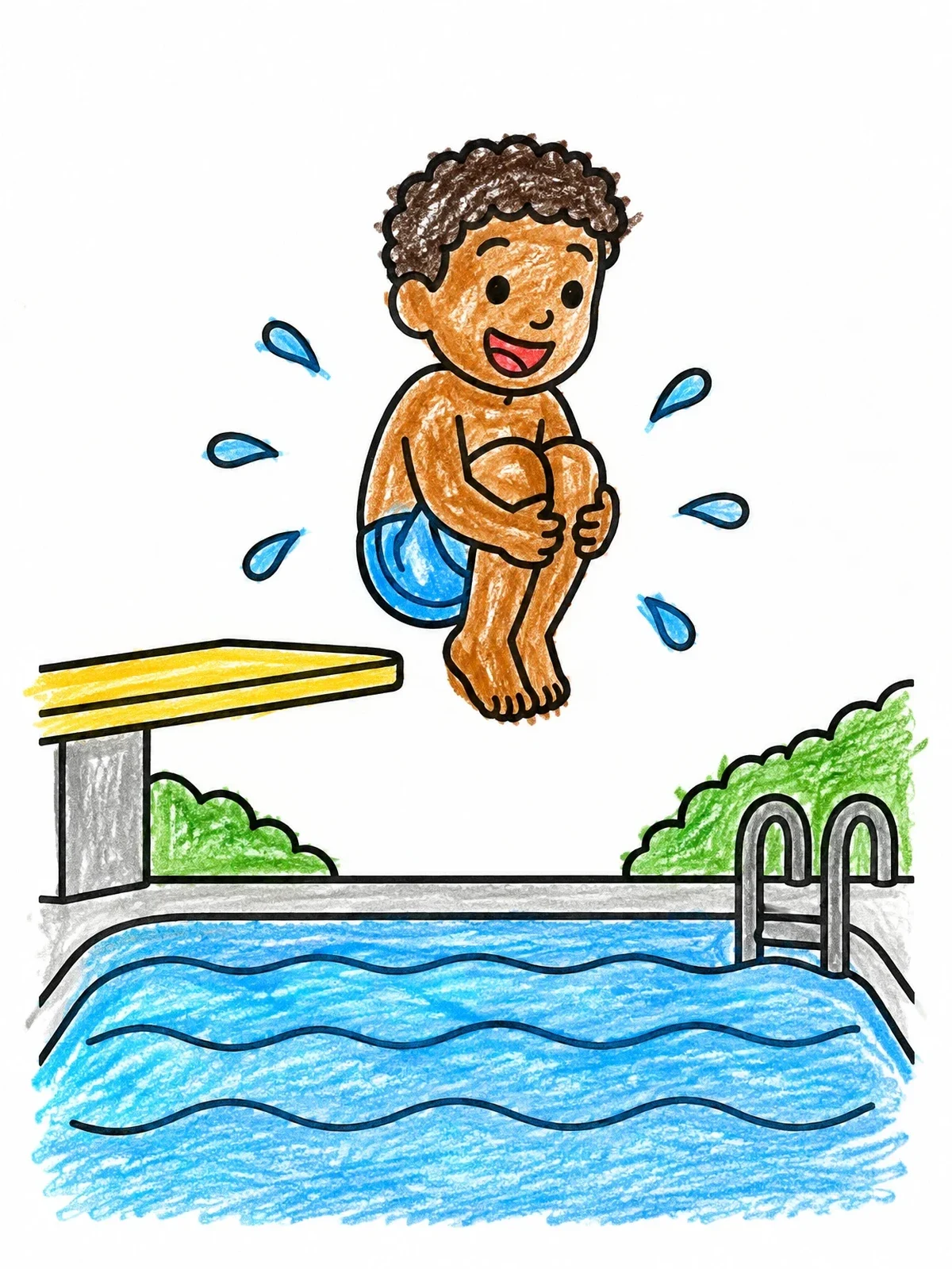 Colored example of the Boy Cannonball Jump Into Pool coloring page