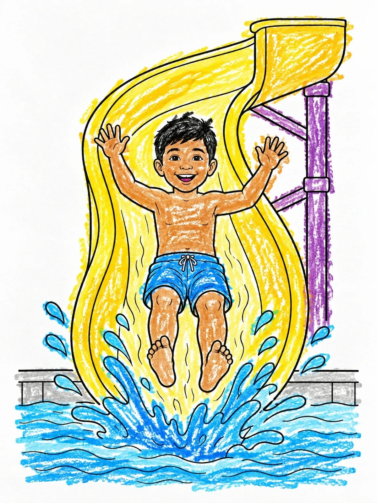 Colored example of the Boy Splashing Down Water Slide coloring page