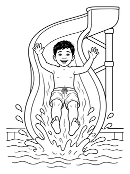A cheerful boy splashing into the pool from a water slide on this swimming pool coloring page.