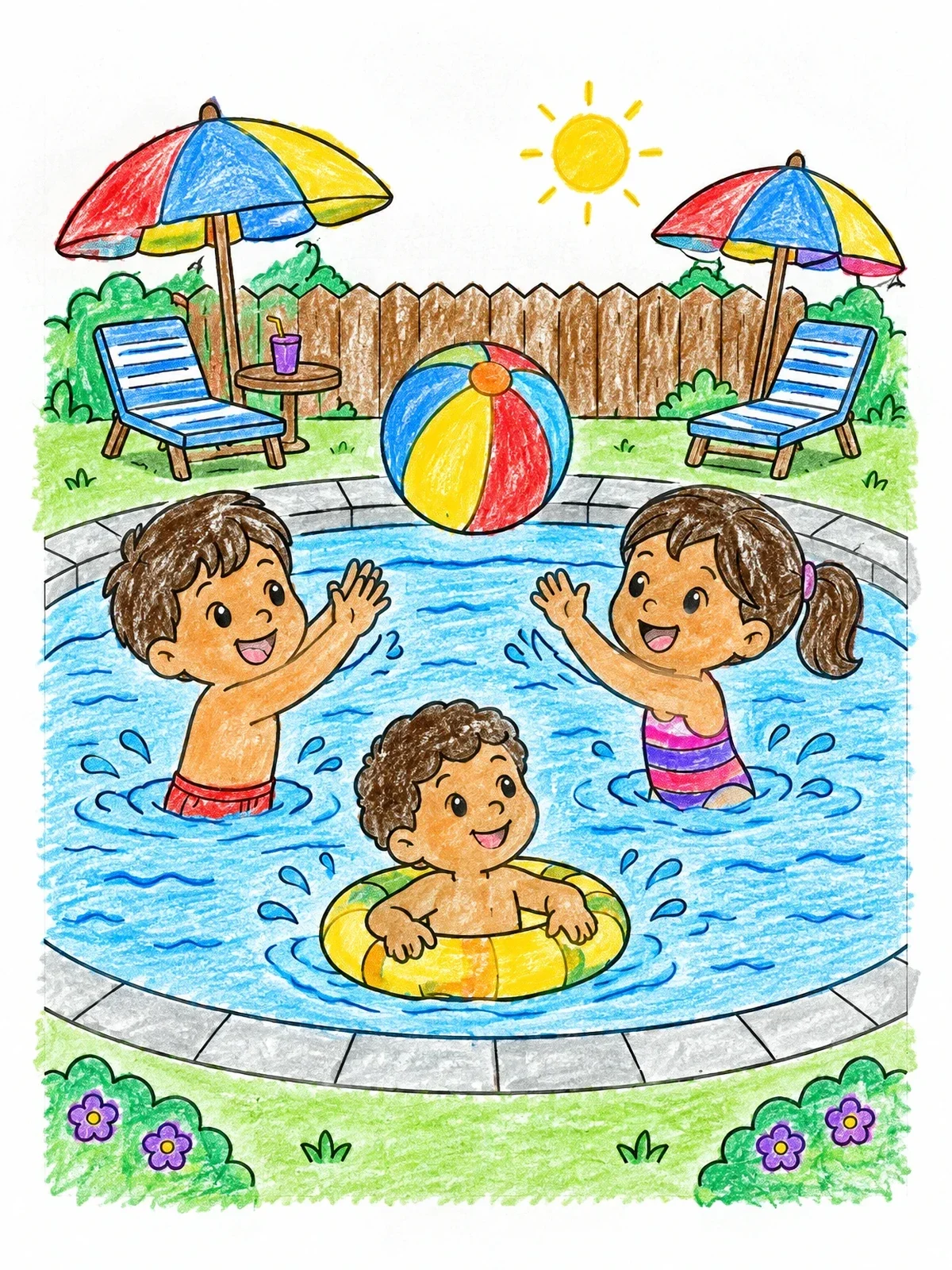 Colored example of the Children Playing In Backyard Pool coloring page