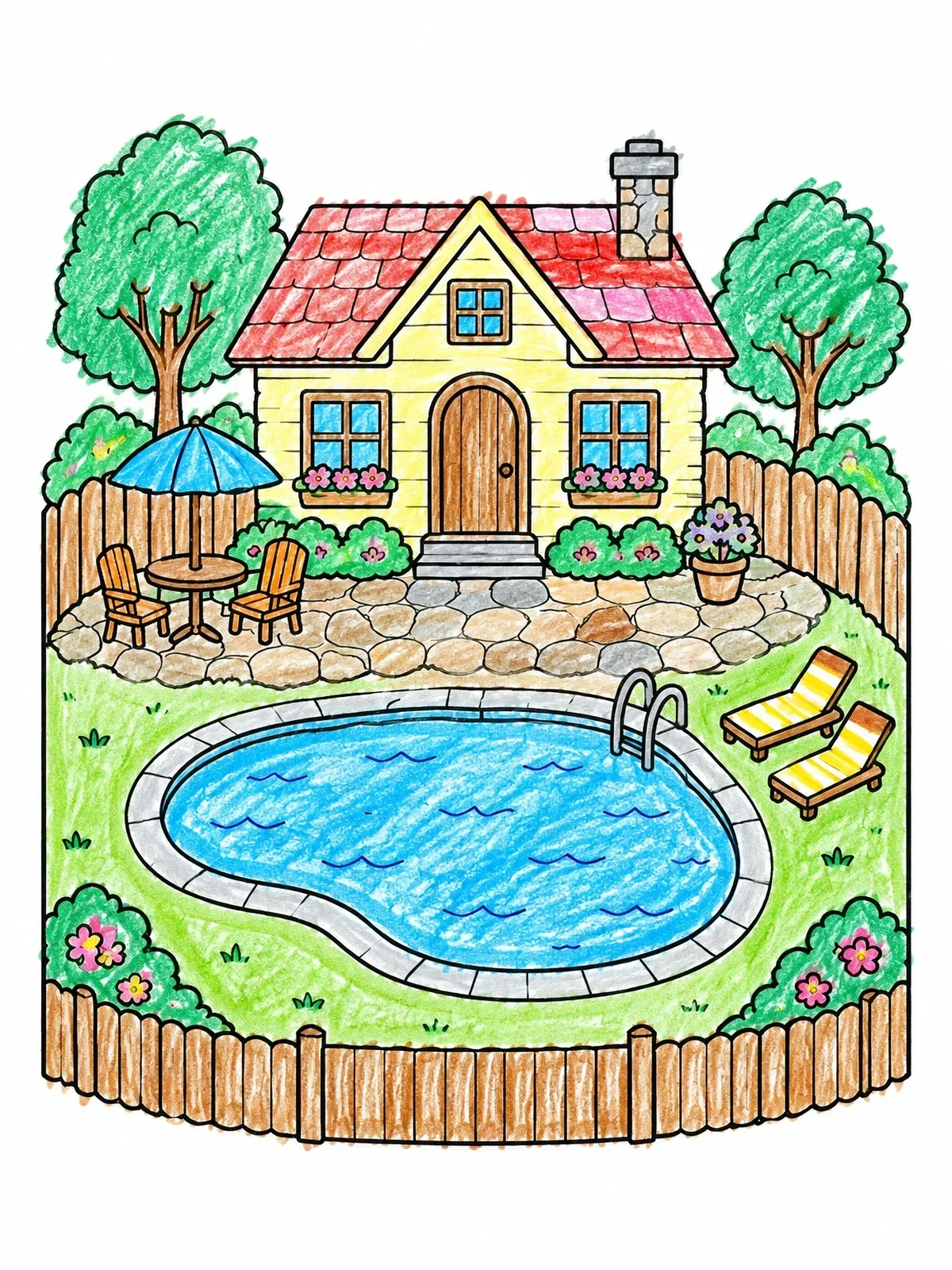 Colored example of the Cozy Cottage Backyard Pool coloring page