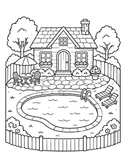 Free printable Cozy Cottage Backyard Pool coloring page