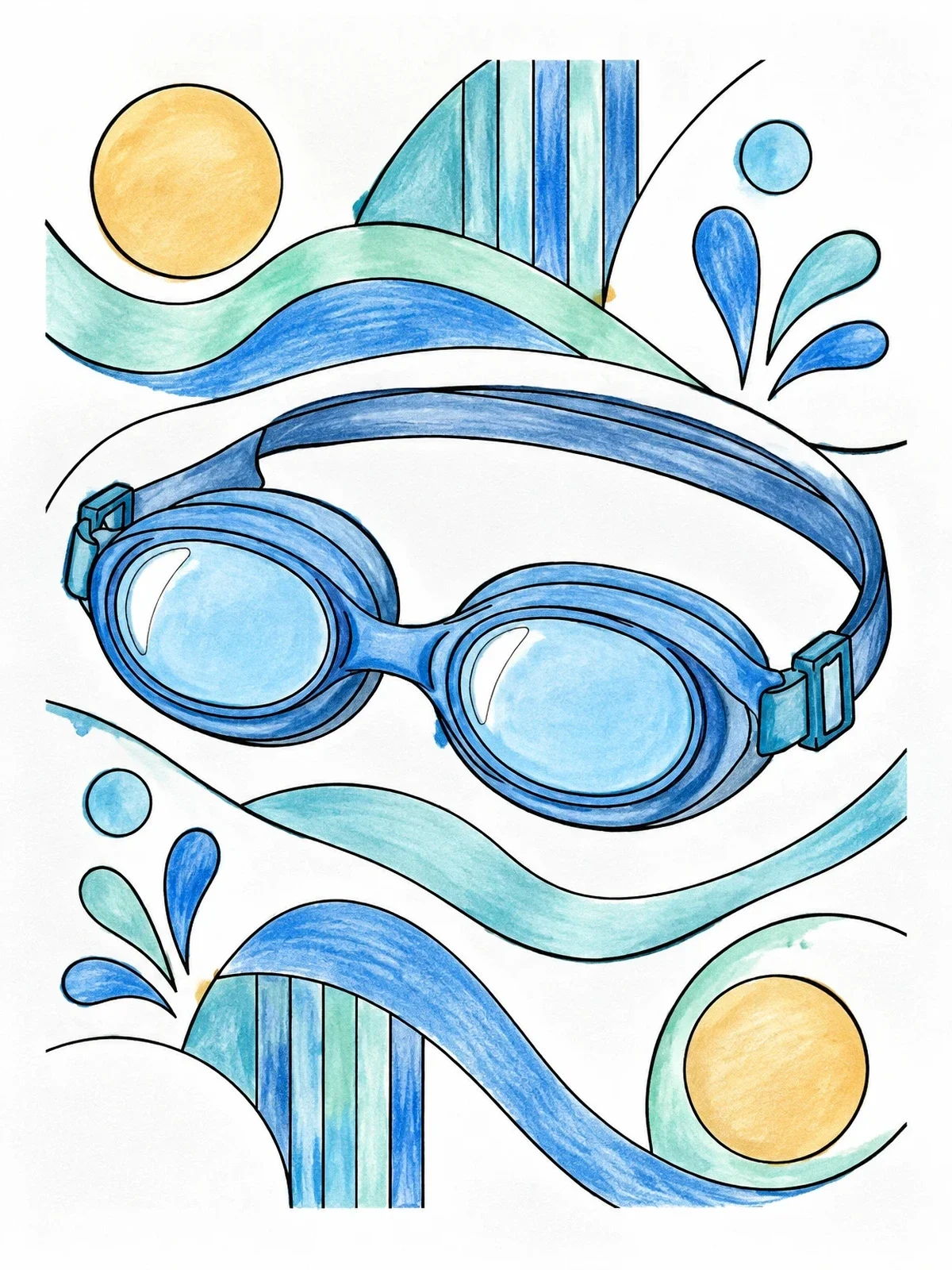Colored example of the Swimming Goggles With Water Patterns coloring page