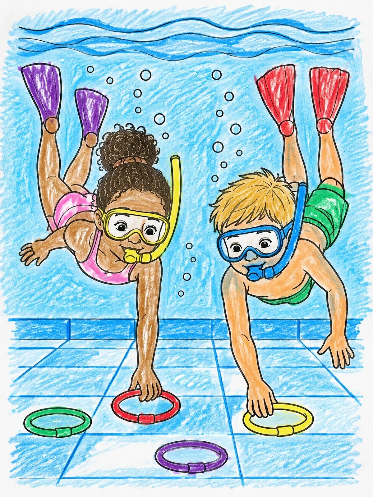 Colored example of the Kids Diving For Pool Rings coloring page