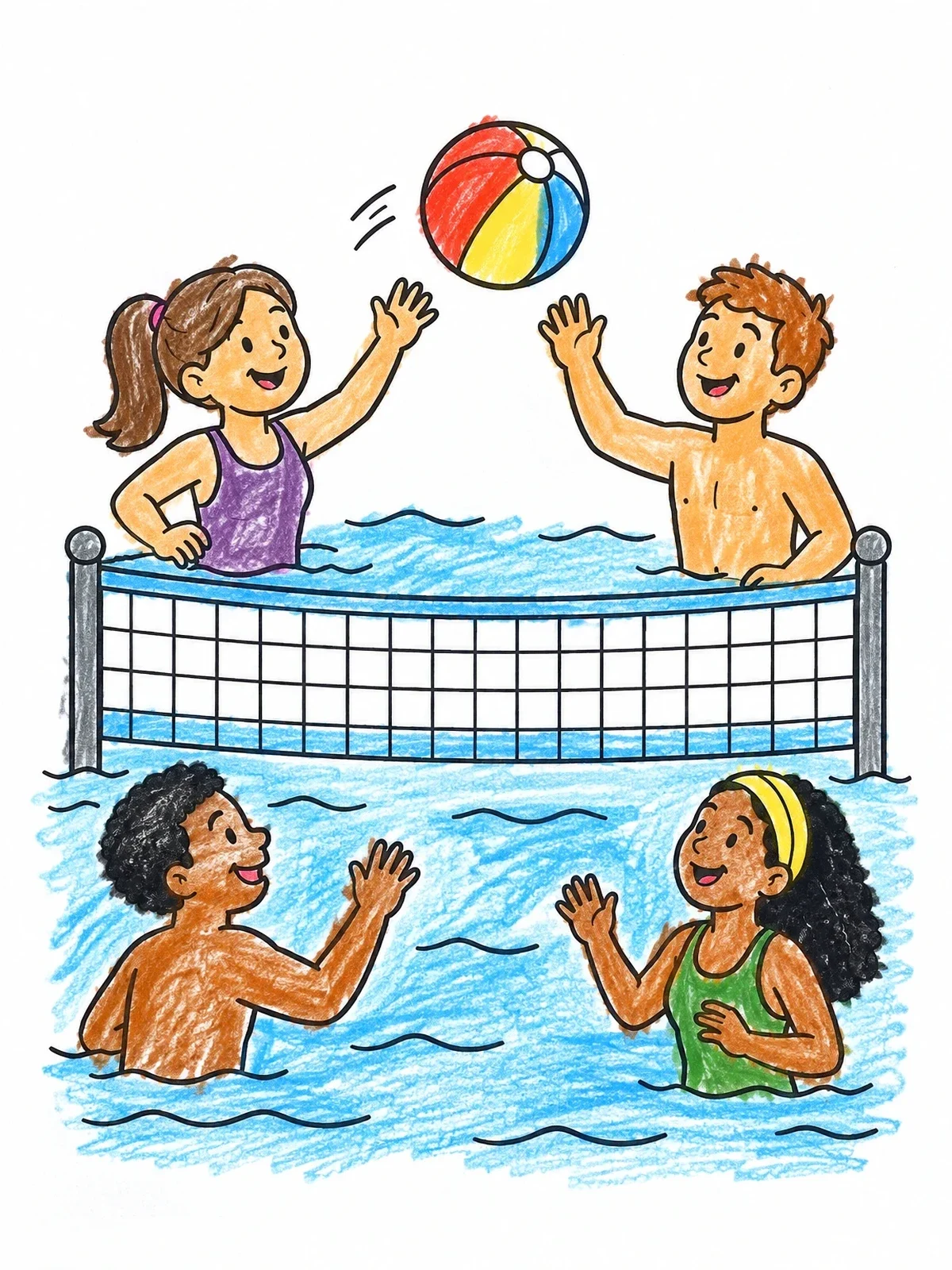 Colored example of the Friends Playing Pool Volleyball coloring page