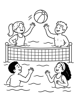 Kids play volleyball over a net in this swimming pool coloring page.
