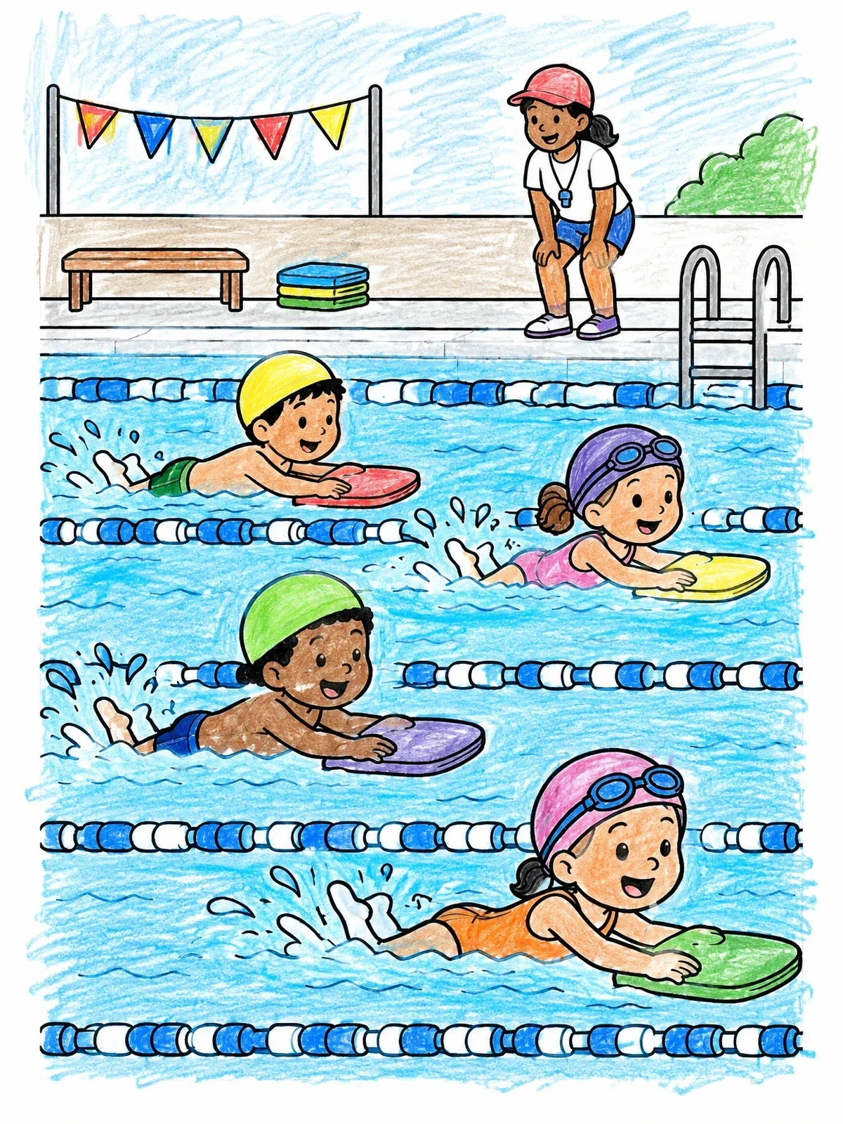 Colored example of the Swim Lesson With Kickboards coloring page