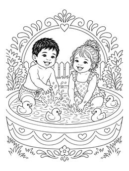 Two smiling toddlers splashing in a swimming pool coloring page with rubber ducks.