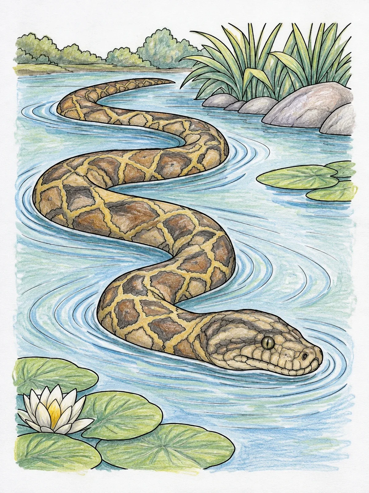 Colored example of the Swimming Python In Calm Water coloring page