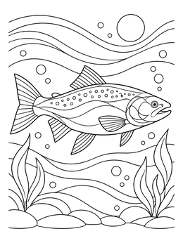 Detailed salmon coloring page featuring a fish swimming over riverbed stones and plants.