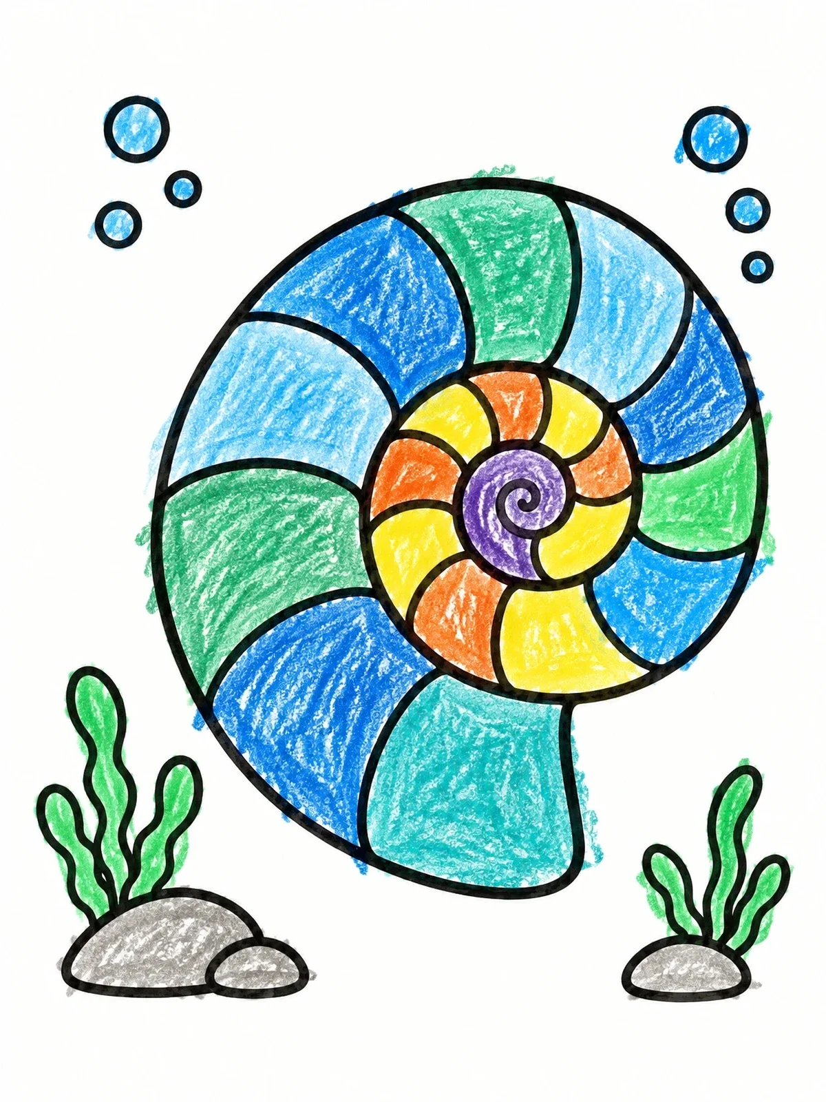 Colored example of the Underwater Spiral Ammonite Shell coloring page
