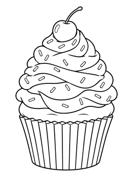 A delicious cupcake coloring page topped with thick frosting, sprinkles, and a cherry.
