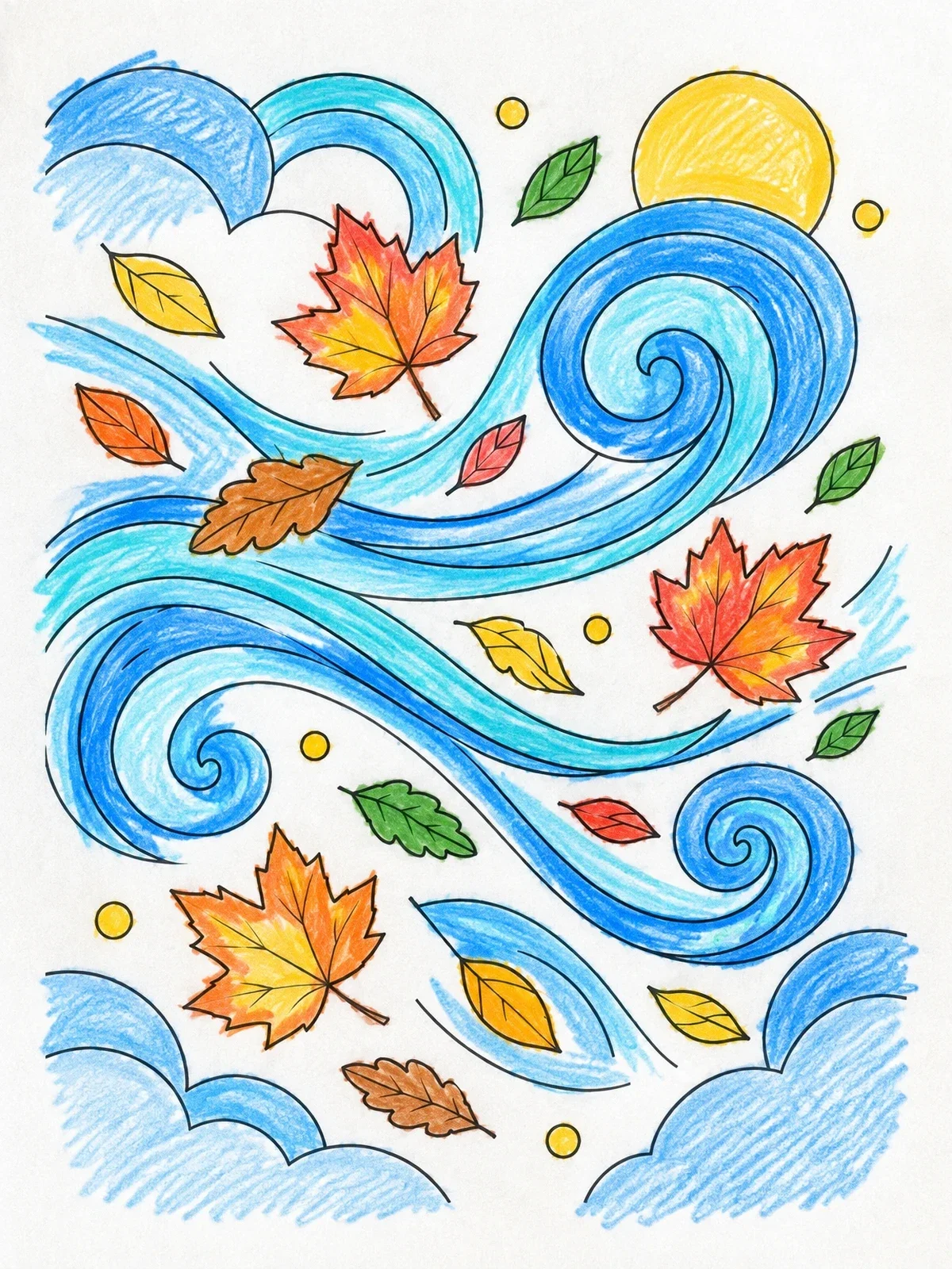 Colored example of the Swirling Autumn Leaves In The Wind coloring page