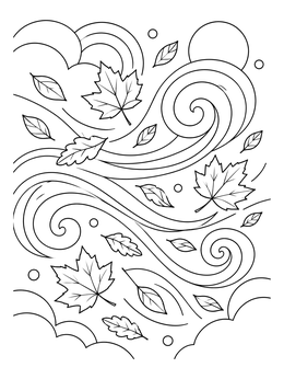 Autumn leaves drifting in breezy gusts on this swirl coloring page.
