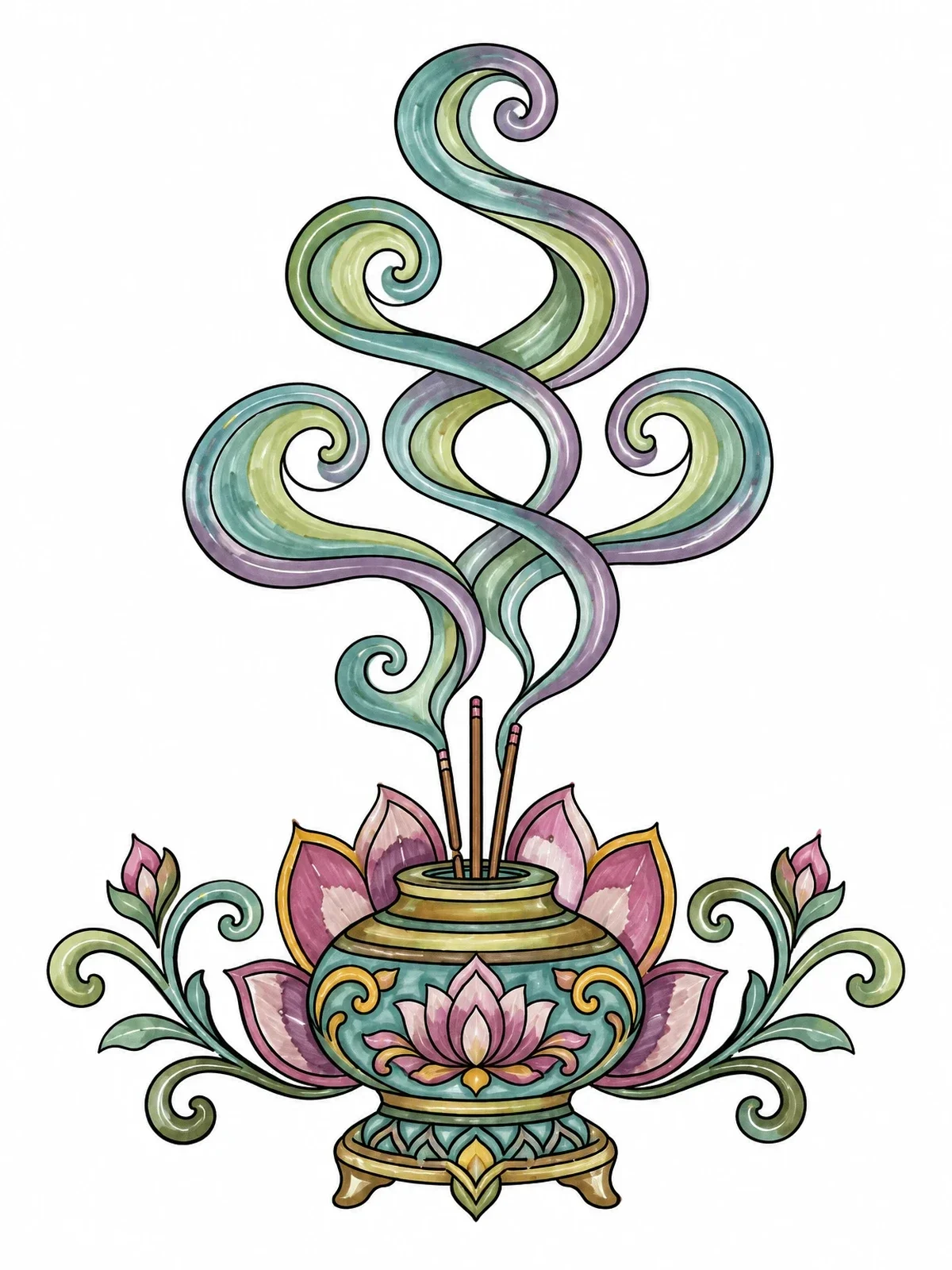 Colored example of the Swirling Incense Smoke And Lotus Burner coloring page