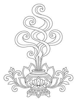 An ornate incense burner with curling trails on this swirl coloring page.