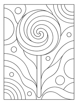 A round candy lollipop in this swirl coloring page surrounded by abstract waves.