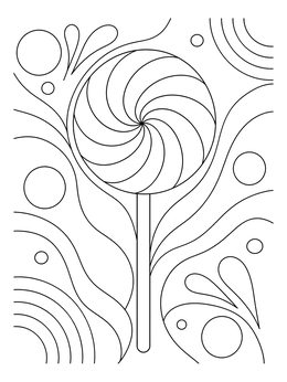 A swirling lollipop coloring page surrounded by abstract waves and bubbles.