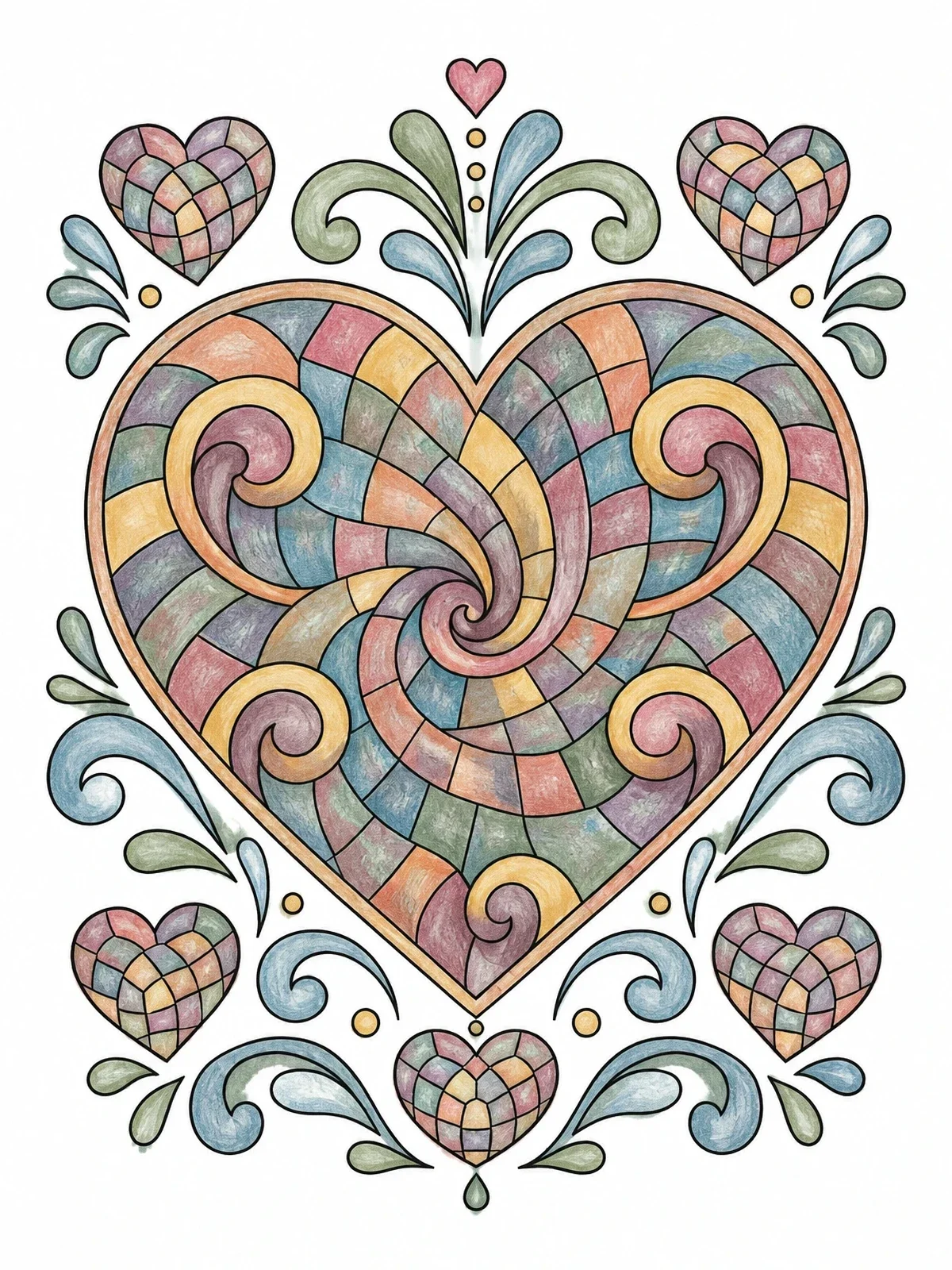 Colored example of the Swirling Mosaic Tile Heart coloring page