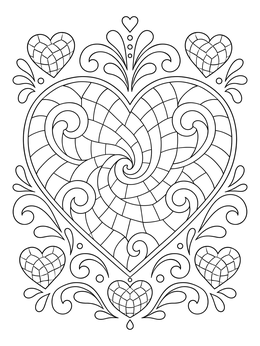A decorative mosaic coloring page with a large swirling heart surrounded by small tiled hearts.