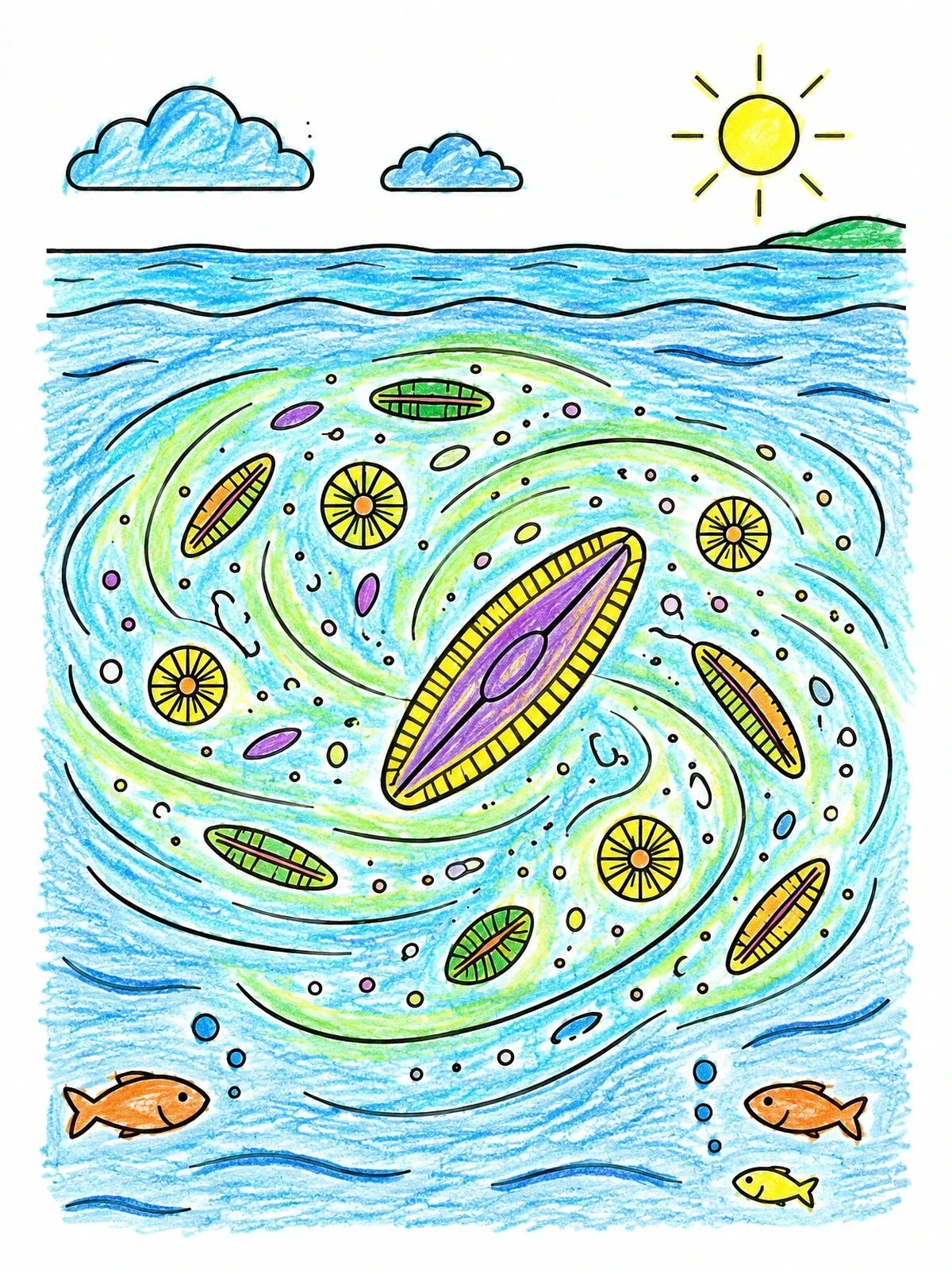 Colored example of the Swirling Ocean Phytoplankton Bloom coloring page